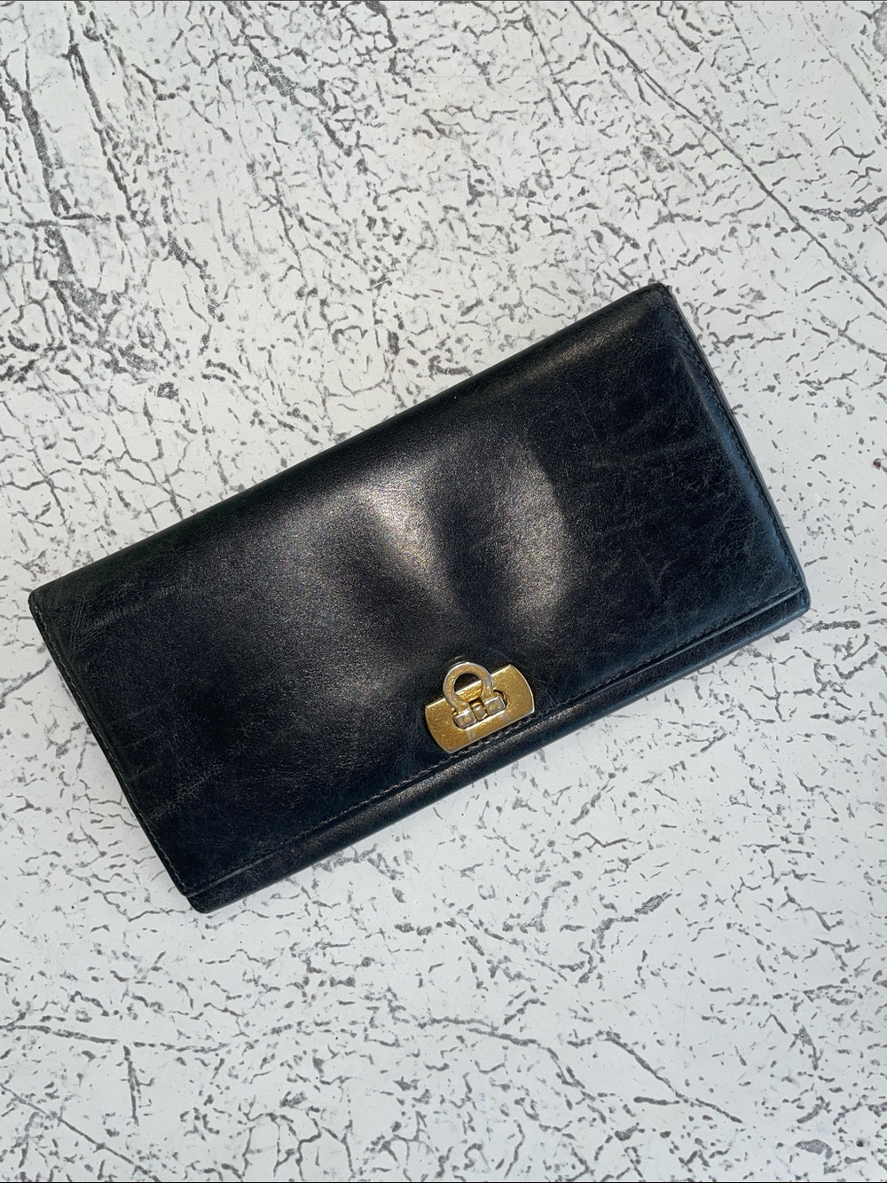 Salvatore Ferragamo Black Leather Long Wallet with Gold Turn-Lock